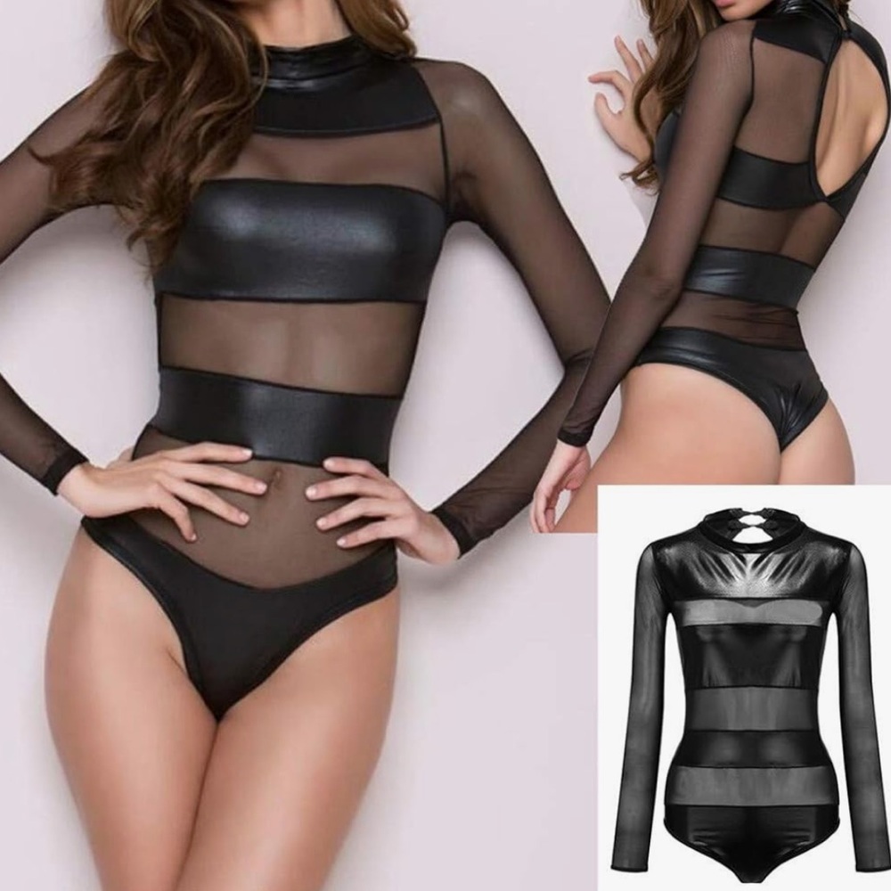 Yandy Make It or Break It Pleather Mesh Panel Sheer Long Sleeve Black Bodysuit